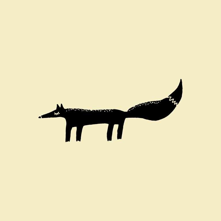 Black fox illustration art stamp on beige background.