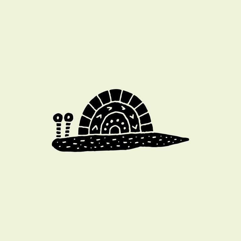 Rubber stamp with a snail illustration on a pale background.