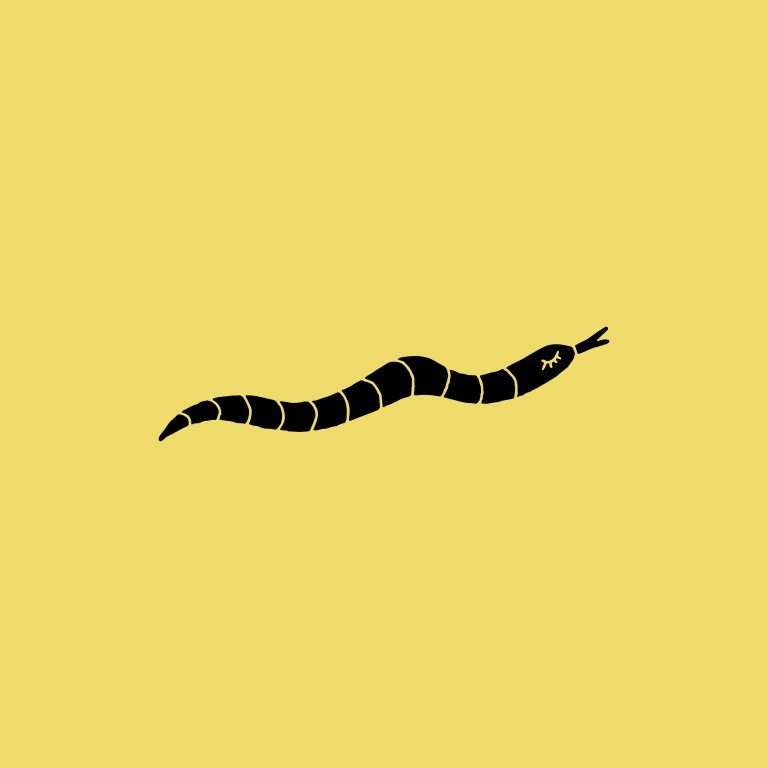 Rubber stamp with a snake illustration on a yellow background.