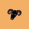 Rubber stamp with a ram illustration on an orange background.