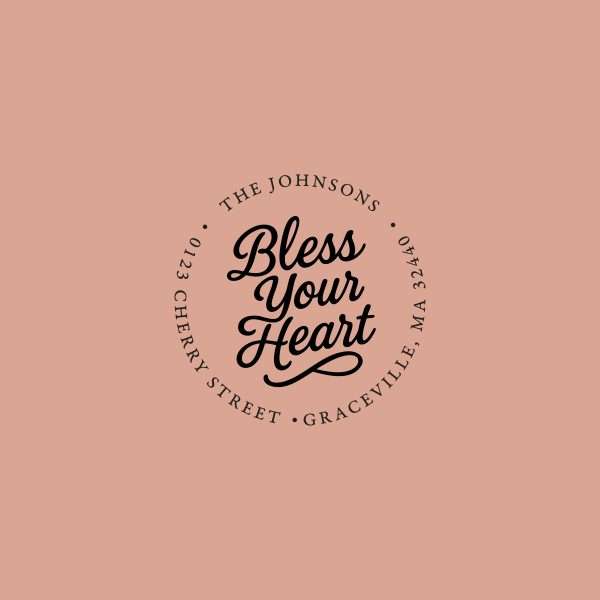 Bless-your-heart- Expressionery address rubber stamp shown on blush pink background.