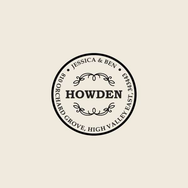 Round address rubber stamp design on beige background.