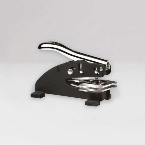 Black long-reach embosser tool with extended arm on neutral background.