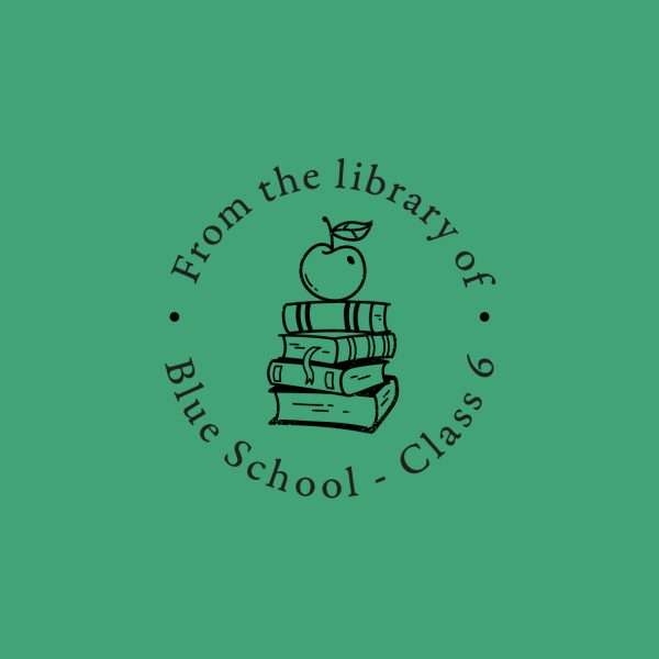Green teacher stamp with open book and library-themed design.