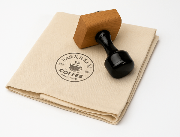 Round fabric rubber stamp with wooden handle placed on stamped fabric.