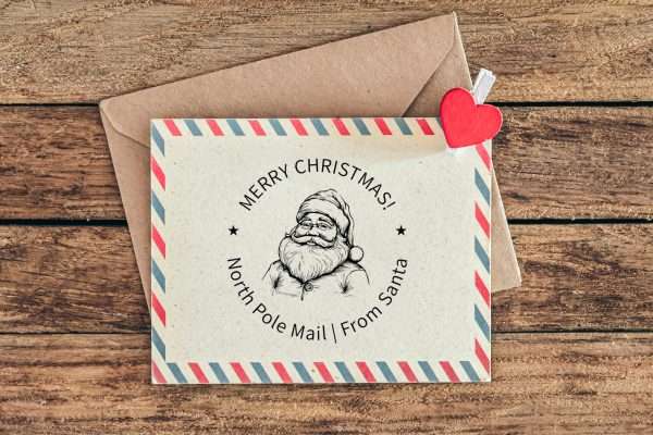 Custom Christmas rubber stamp featuring Santa Claus design on envelope.