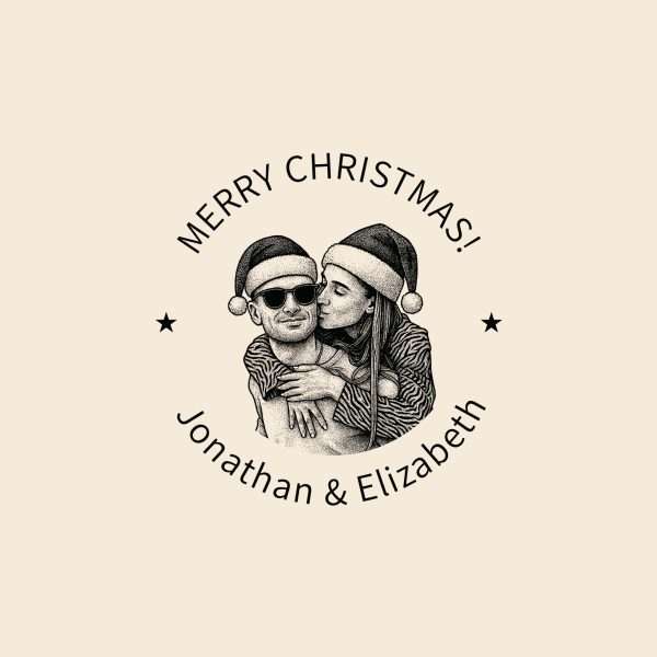 Custom Christmas rubber stamp with personalised portrait in round layout.