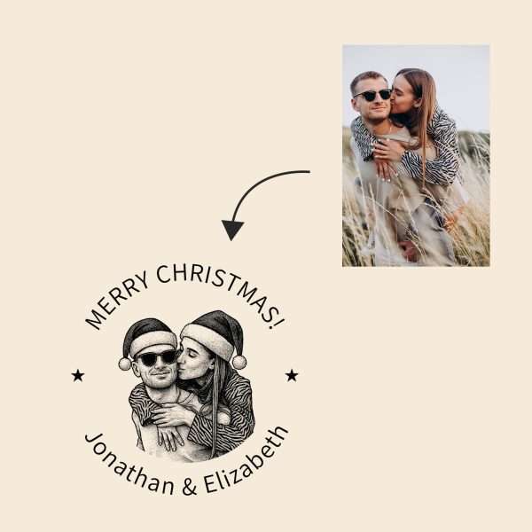 Custom portrait Christmas rubber stamp with personalised face illustration.