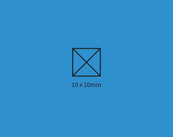 Blue background showing self-inking stamp size guide 10×10mm.