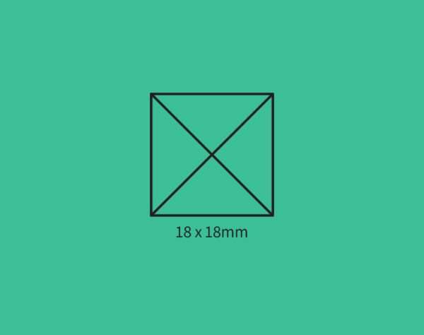 Green background showing self-inking stamp size guide 18×18mm.