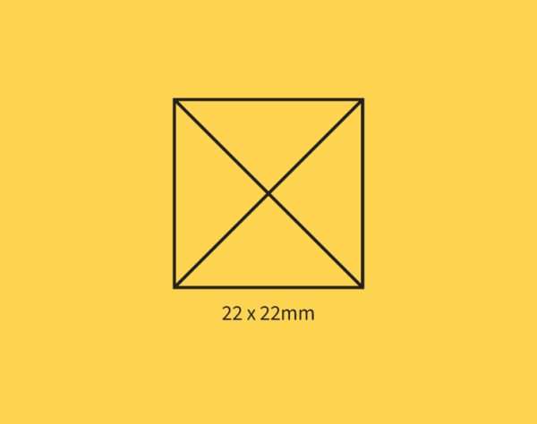 Yellow background showing self-inking stamp size guide 22×22mm.