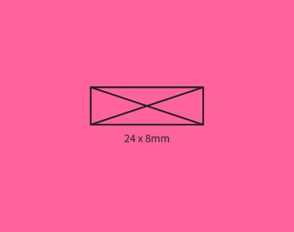 Pink background showing self-inking stamp size guide 24×8mm.