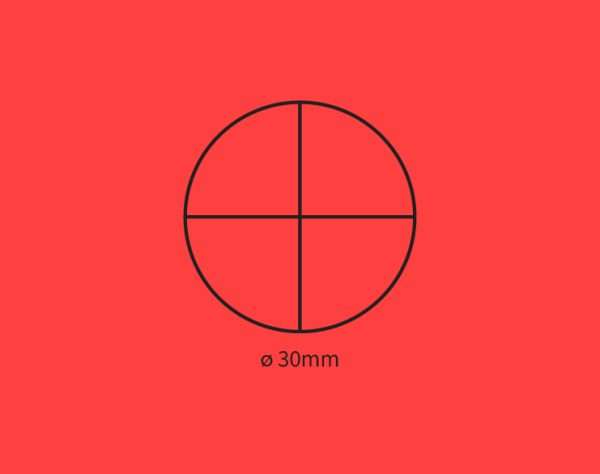 Red background showing self-inking stamp size guide 30mm round.