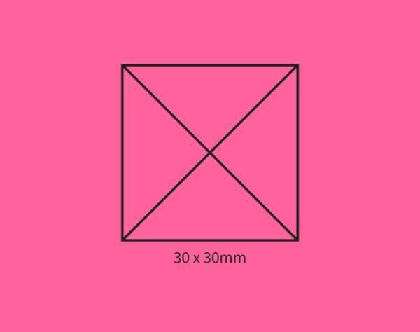 Pink background showing self-inking stamp size guide 30×30mm.