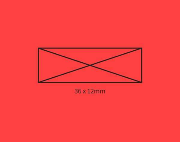 Red background showing self-inking stamp size guide 36×12mm.