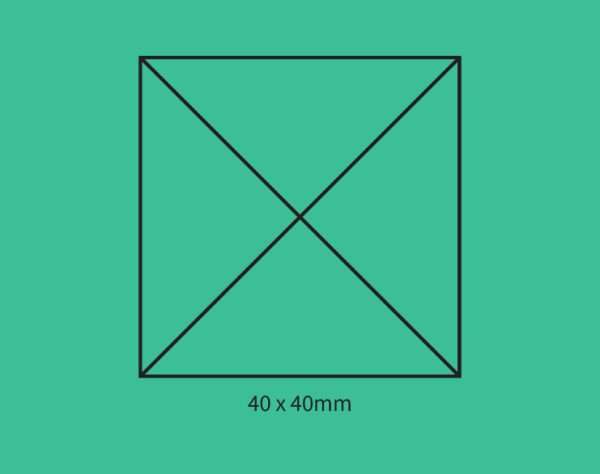 Green background showing self-inking stamp size guide 40×40mm.