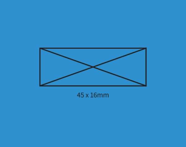 Blue background showing self-inking stamp size guide 45×16mm.