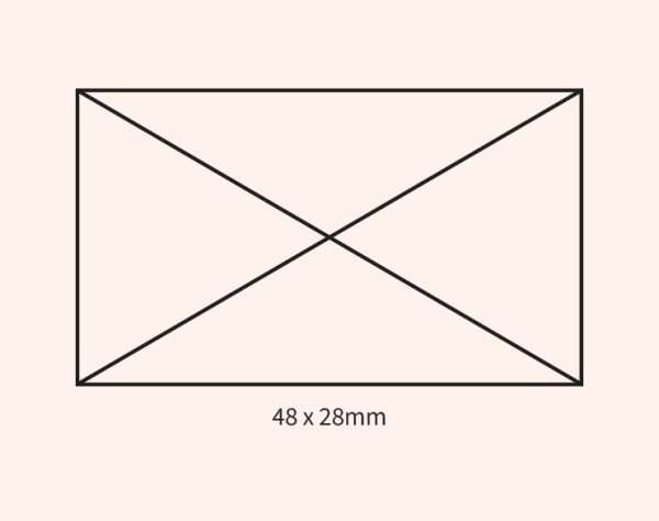 Beige background showing self-inking stamp size guide 48×28mm.