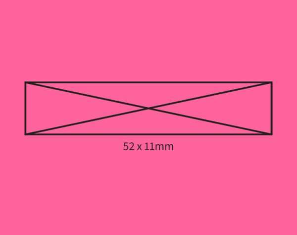 Pink background showing self-inking stamp size guide 52×11mm.