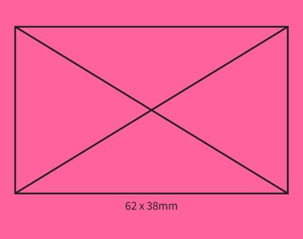 Pink background showing self-inking stamp size guide 62×38mm.