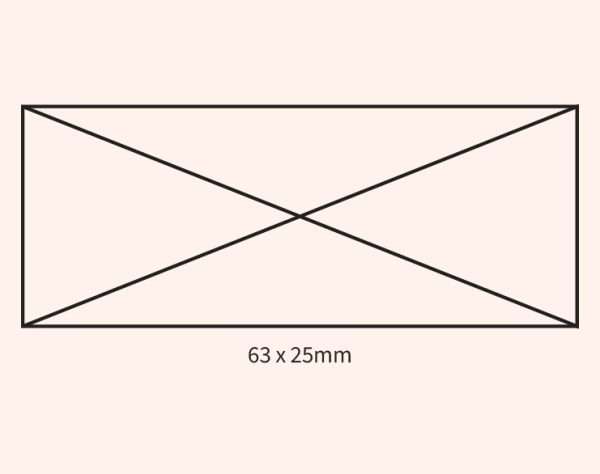 Light pink background showing self-inking stamp size guide 63×25mm.