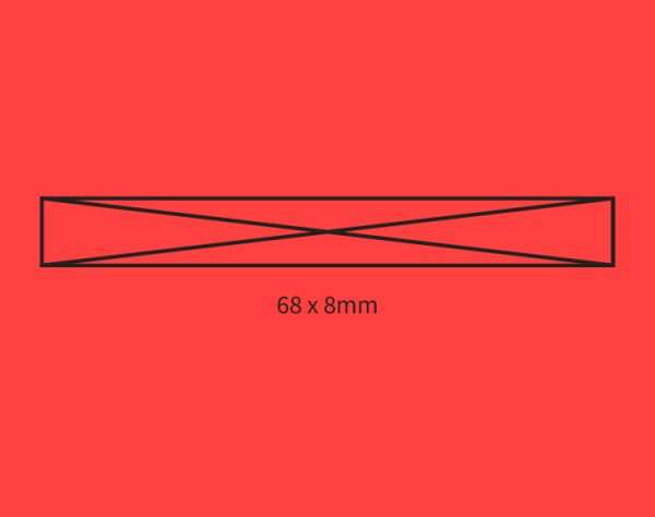 Red background showing self-inking stamp size guide 68×8mm.