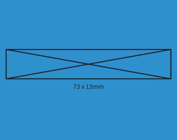 Blue background showing self-inking stamp size guide 73×13mm.