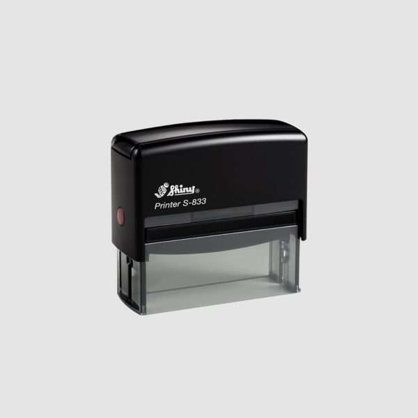 Black Shiny self-inking stamp model 833, 80x23mm rectangular design.
