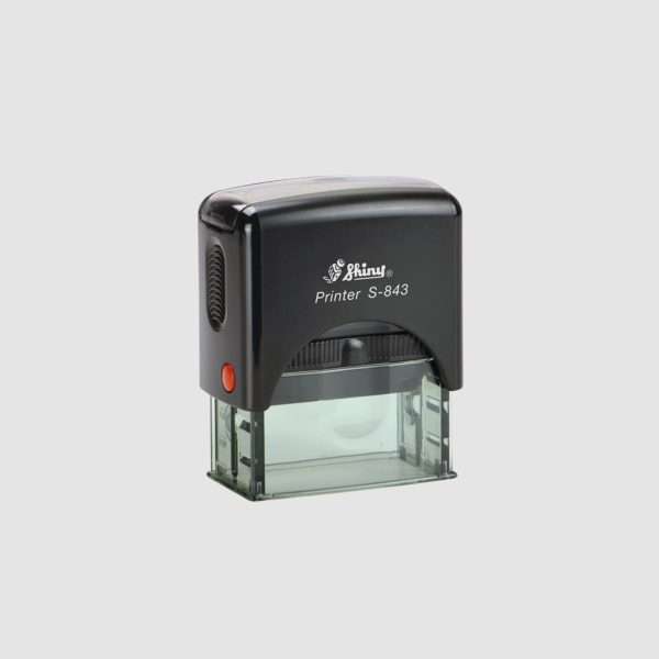 Black Shiny self-inking stamp model 843, compact 45x16mm design.