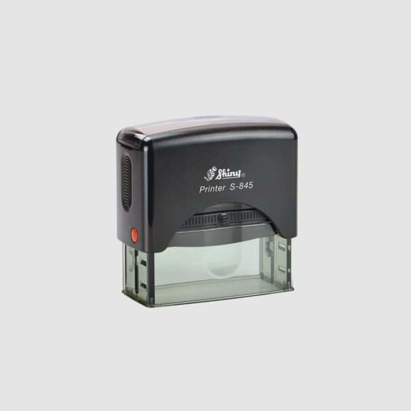 Black Shiny self-inking stamp model 845, 69x23mm rectangular size.