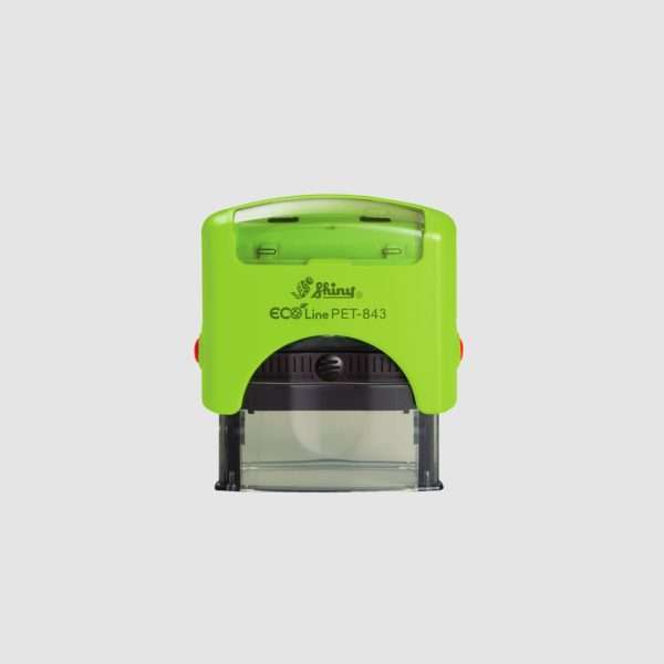 Green Shiny self-inking stamp PET843 model, 45x16mm compact size.