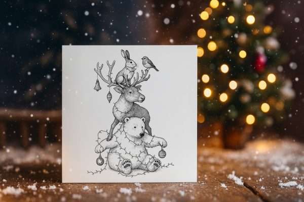 Christmas animals rubber stamp design with festive details on brown background.