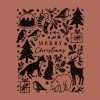 Hand-drawn Christmas village scene rubber stamp design on red background.