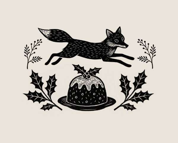 Reindeer and Christmas pudding rubber stamp illustration on white background.