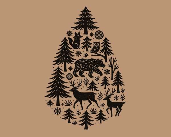 Christmas tree with woodland scene rubber stamp design on brown background.