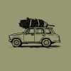 Car carrying Christmas tree rubber stamp design on olive background.
