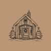 Hand-drawn Christmas cottage rubber stamp design on warm brown background.