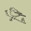 Bird on holly branch Rubber stamp design on light sage background.