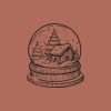 Snow globe Rubber stamp illustration showing a winter scene on rust background.