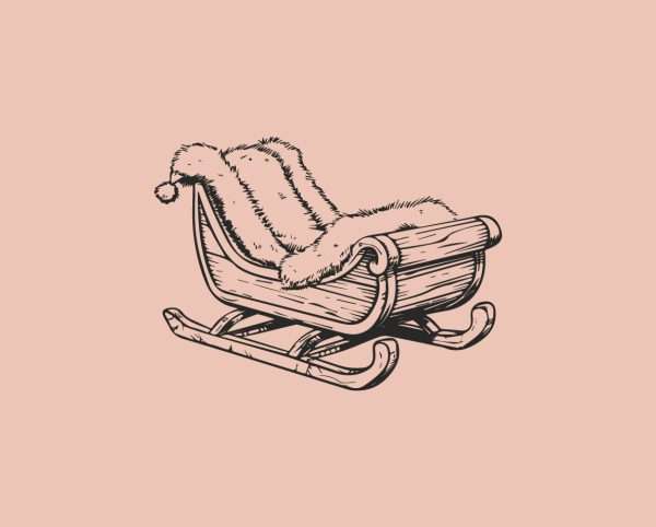 Vintage sleigh Christmas stamp illustration on pale pink background.