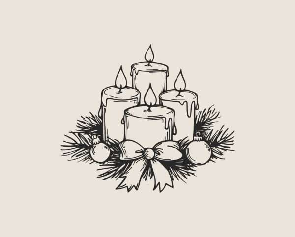 Christmas candle centrepiece stamp design printed on cream background.