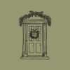 Vintage Christmas stamp design featuring a classical Cottage doorway on olive green background.