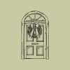 Christmas stamp design featuring an arched door decorated with festive details on sage green background.