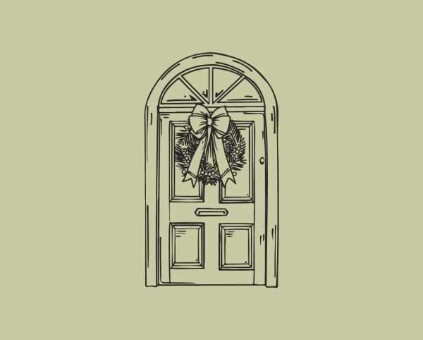 Christmas stamp design featuring an arched door decorated with festive details on sage green background.