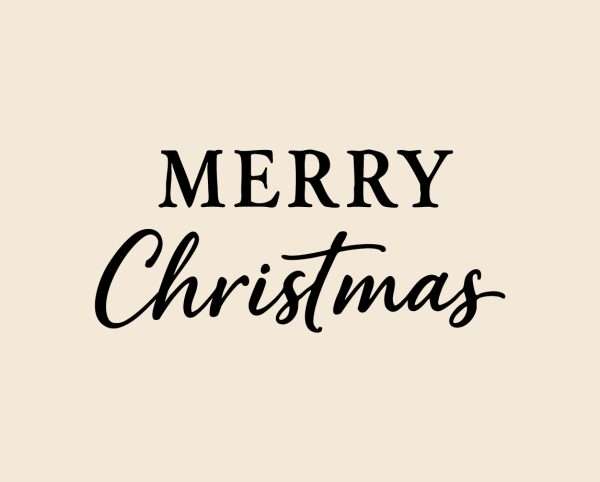 Merry Christmas rubber stamp impression in black on beige background.